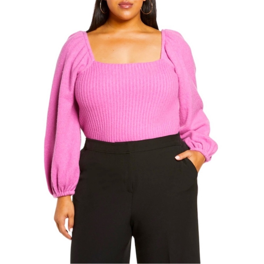 Halogen Puff Sleeve Ribbed Sweater Wool Blend square neck pink Sz: L NWT